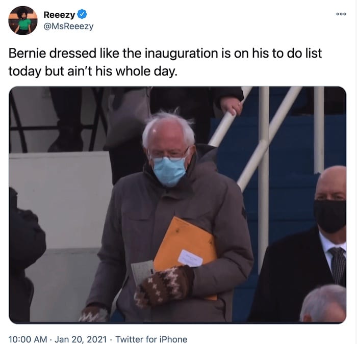 Bernie dressed like the inauguration is on his to do list today but ain’t his whole day.
